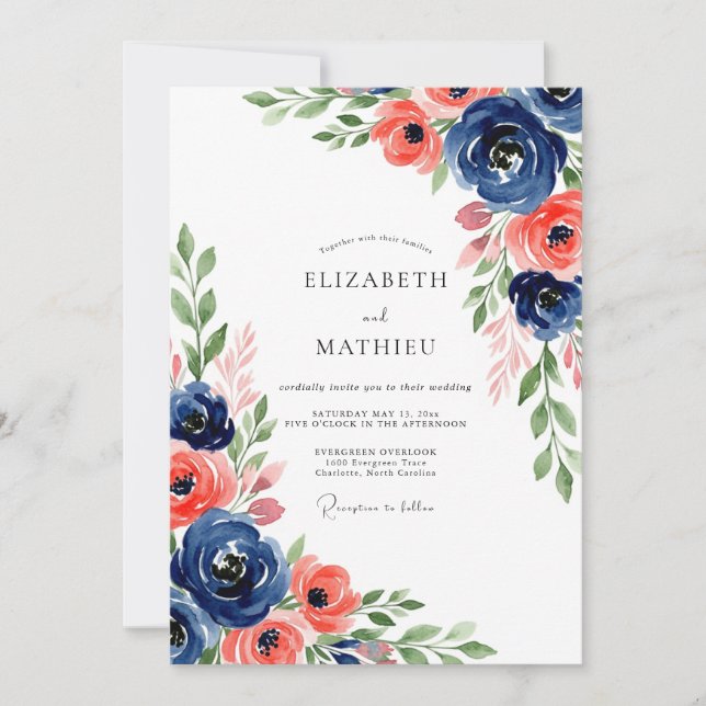 Convites Casamento Floral Botânico Coral Marinho (Frente)