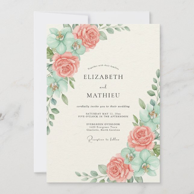 Convites Casamento Floral Botânico Coral Mint (Frente)