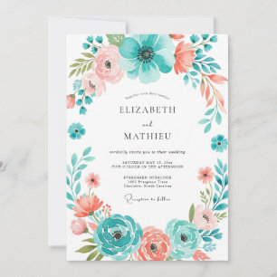 Convites Casamento Floral Botânico Coral Teal
