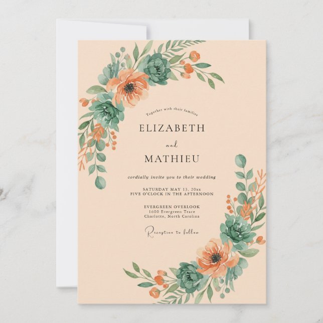Convites Casamento Floral Botânico Coral Turquesa (Frente)
