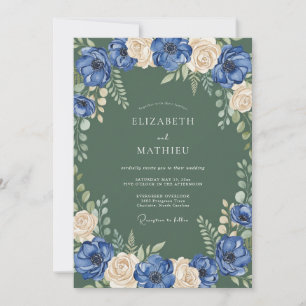 Convites Casamento Floral Botânico Creme Azul