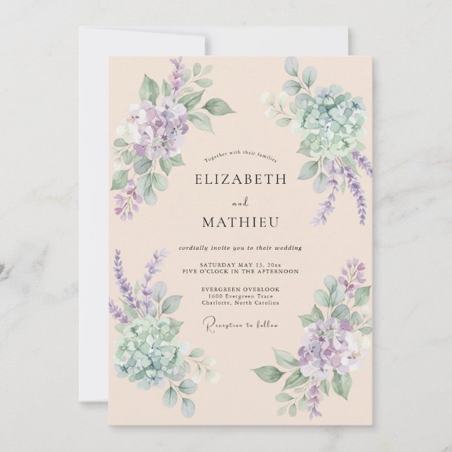 Convites Casamento Floral Botânico de Lavanda e Hortelã (Frente)