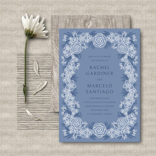Convites Casamento Floral Botânico de Marinho Azul Dusty (Criador carregado)