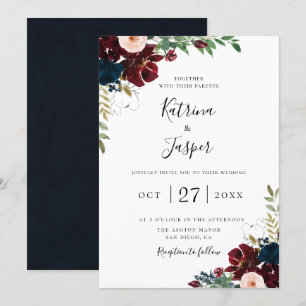 Convites Casamento Floral Botânico do Marinho Blush Burgund