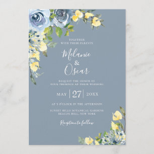 Convites Casamento Floral Botânico Dusty Blue e Amarelo