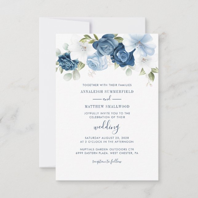 Convites Casamento Floral Botânico Dusty Blue Greenery (Frente)