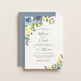 Convites Casamento Floral Botânico Dusty Blue & Yellow