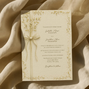 Convites Casamento Floral Botânico e Laço de Marfim Elegant