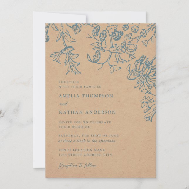 Convites Casamento Floral Botânico Elegante Azul Rústico (Frente)