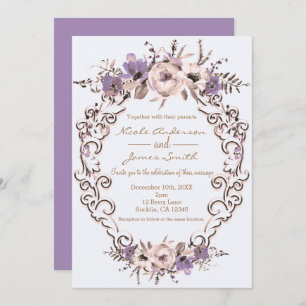 Convites Casamento Floral Botânico Elegante Com Creme Roxo