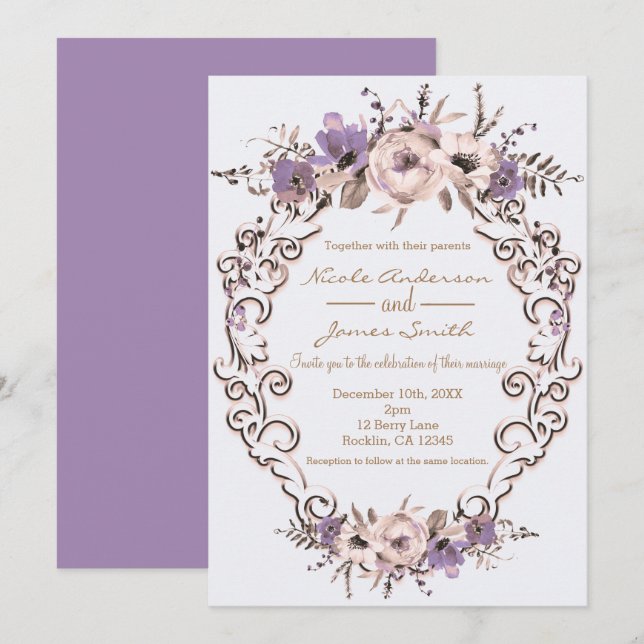 Convites Casamento Floral Botânico Elegante Creme Roxo (Frente/Verso)