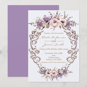 Convites Casamento Floral Botânico Elegante Creme Roxo