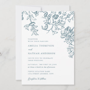 Convites Casamento Floral Botânico Elegante em Azul Turques