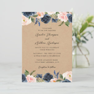 Convites Casamento Floral Botânico Elegante Rosa Azul Rústi