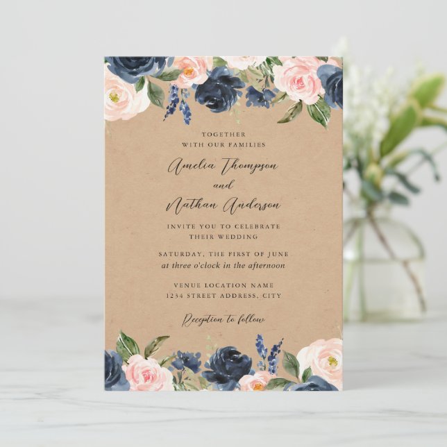 Convites Casamento Floral Botânico Elegante Rosa Azul Rústi (Em pé/Frente)