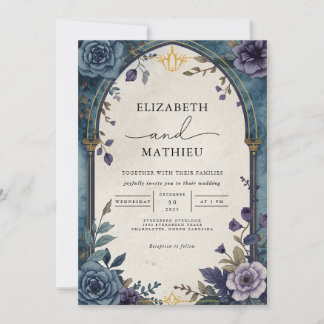 Convites Casamento Floral Botânico Elegante Roxo-Teal