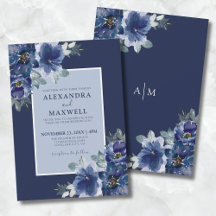 Casamento Floral Botânico em Aquarela Azul Elegant