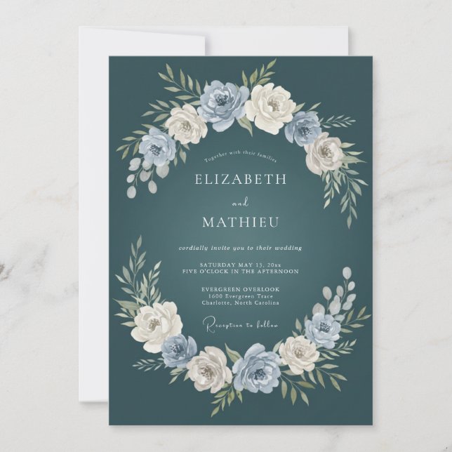 Convites Casamento Floral Botânico em Azul Escuro (Frente)