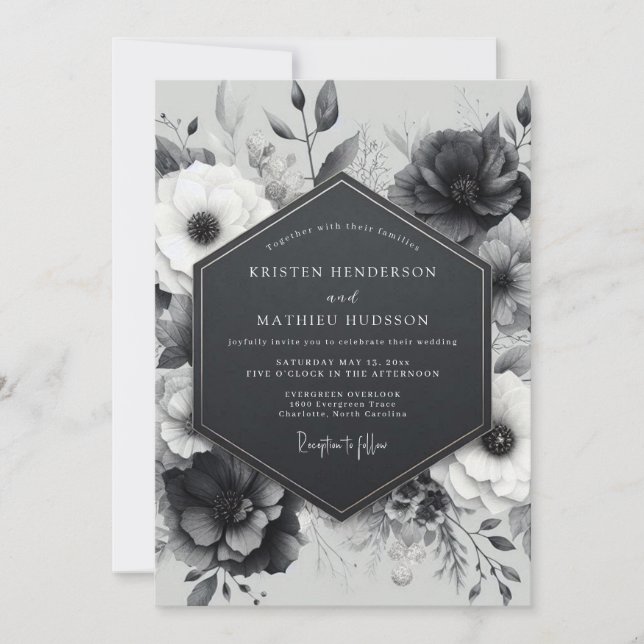 Convites Casamento Floral Botânico em Carvão (Frente)