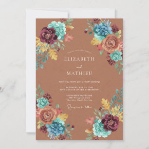 Convites Casamento Floral Botânico em Terracota e Azul-petr
