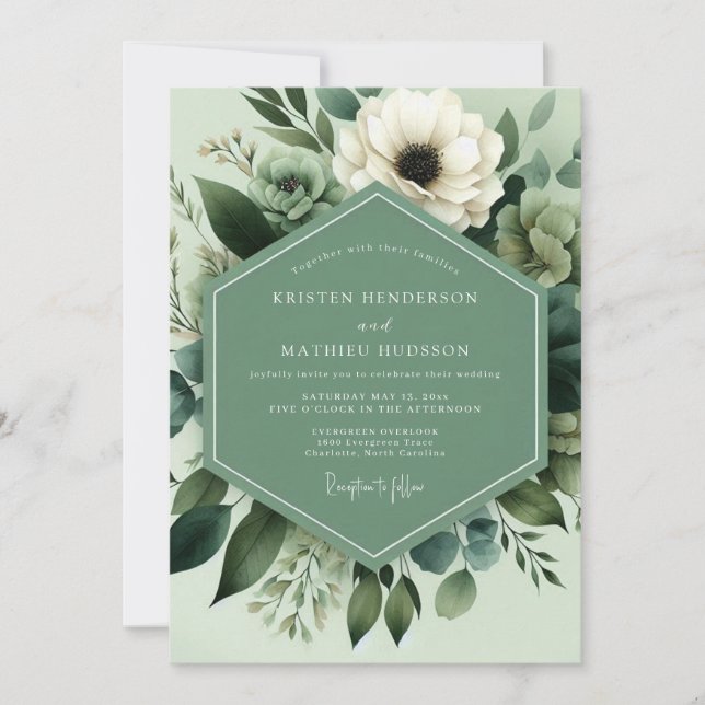 Convites Casamento Floral Botânico em Verde Sálvia (Frente)