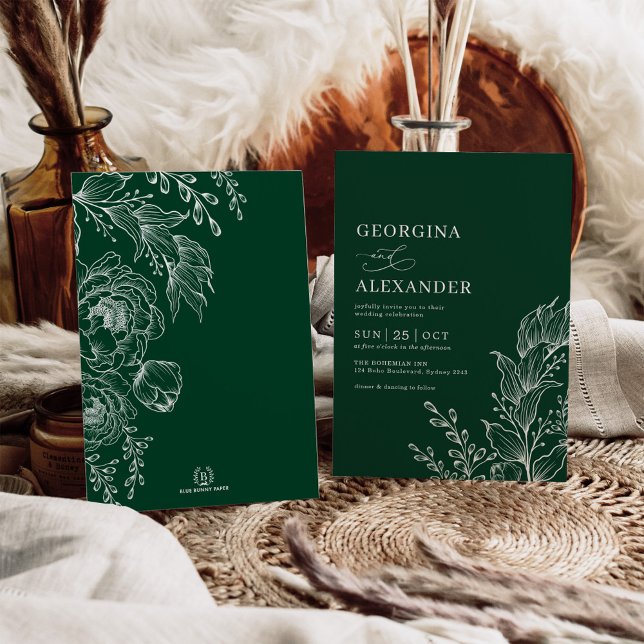 Convites Casamento Floral Botânico Emerald White Vintage (Criador carregado)