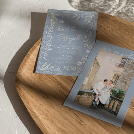 Convites Casamento Floral Botânico Foto Azul Boho Divertido