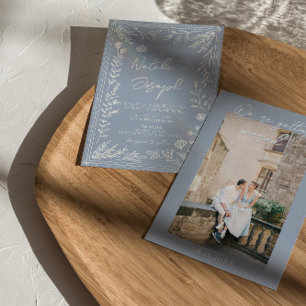 Convites Casamento Floral Botânico Foto Azul Boho Divertido