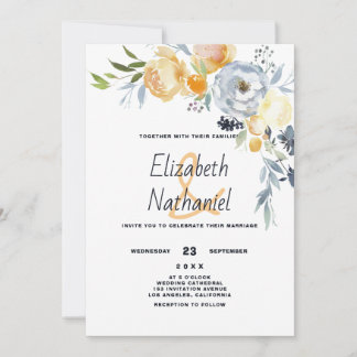 Convites Casamento floral botânico laranja azul branco 