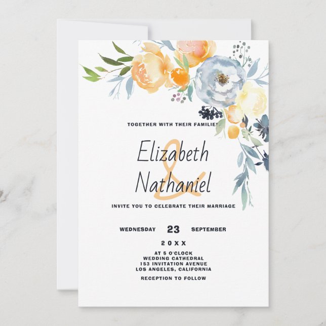 Convites Casamento floral botânico laranja azul branco  (Frente)
