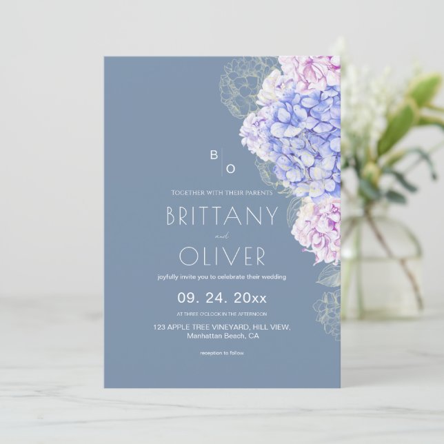 Convites Casamento Floral Botânico Moderno em Azul e Branco (Em pé/Frente)