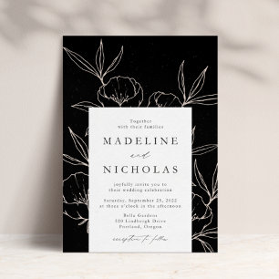 Convites Casamento Floral Botânico Moderno Preto e Creme