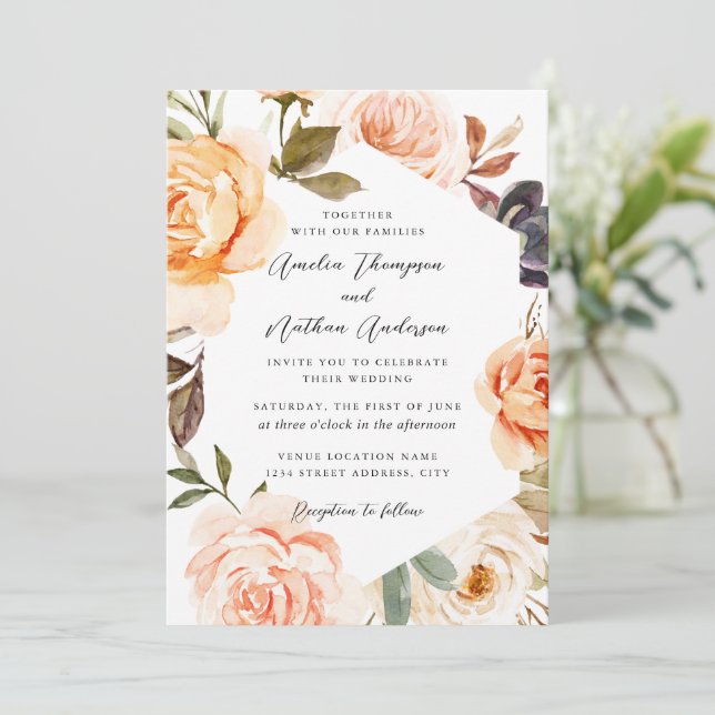 Convites Casamento Floral Botânico Moderno Rosa Bege (Em pé/Frente)