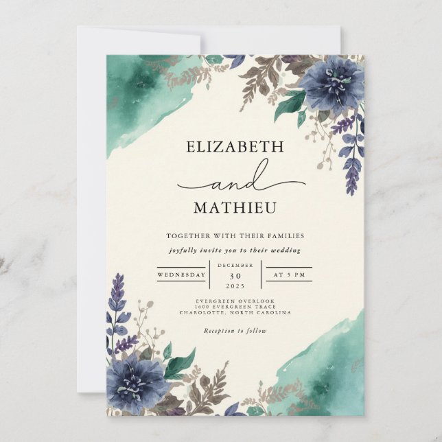Convites Casamento Floral Botânico Moody Teal (Frente)