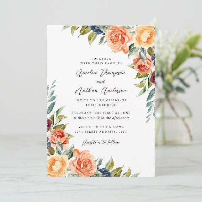 Convites Casamento Floral Botânico Multicolorido (Em pé/Frente)