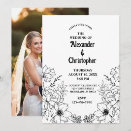 Convites Casamento Floral Botânico Negro Elegante Moderno