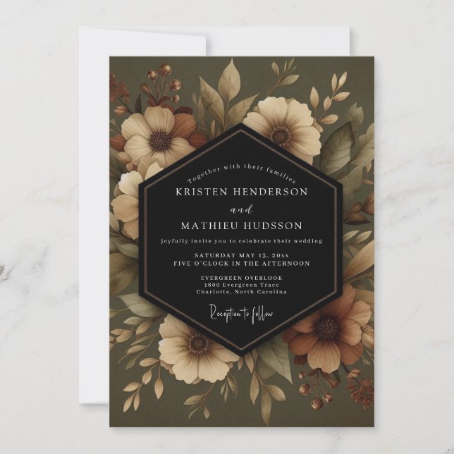 Convites Casamento Floral Botânico Oliva (Frente)