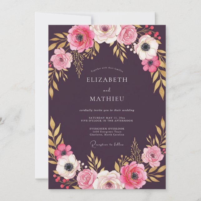 Convites Casamento Floral Botânico Opulento Ameixa (Frente)