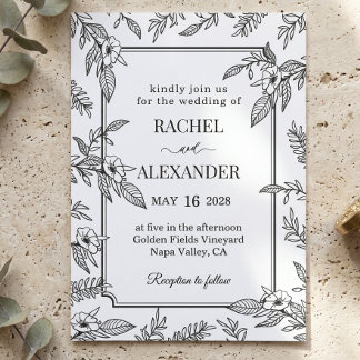 Convites Casamento Floral Botânico Preto e Branco Elegante