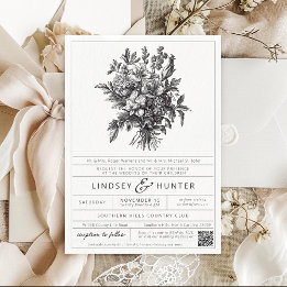 Convites Casamento Floral Botânico Preto e Branco Vintage