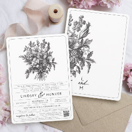 Convites Casamento Floral Botânico Preto e Branco Vintage