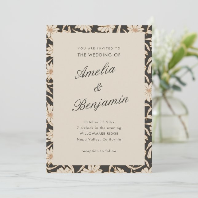 Convites Casamento Floral Botânico Preto Marfim Escuro (Em pé/Frente)