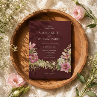 Convites Casamento Floral Botânico Romântico Borgonha