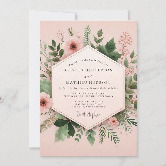 Convites Casamento Floral Botânico Rosa (Frente)