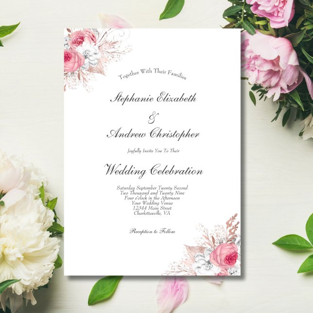 Convites Casamento Floral Botânico Rosa Branco Dourado Rosa (Pink White Rose Gold Floral Elegant Wedding Invitation)