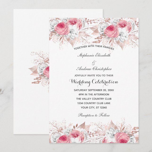 Convites Casamento Floral Botânico Rosa Branco Dourado Rosa (Frente/Verso)