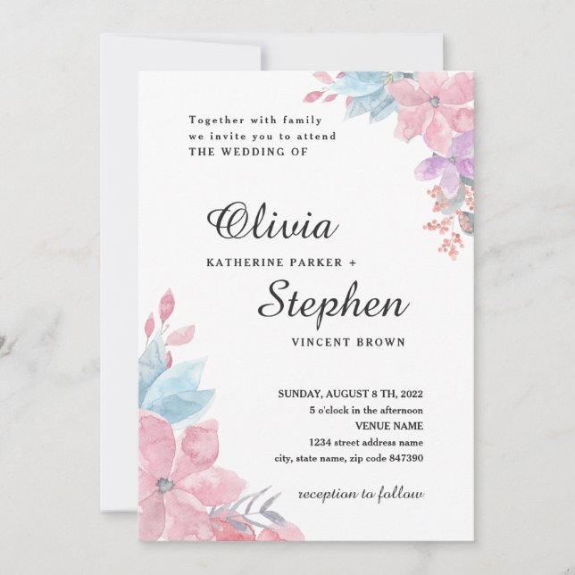 Convites Casamento floral botânico rosa-d'água. Lâmpada (Frente)