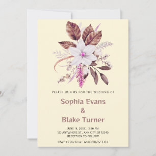 Convites Casamento Floral Botânico Rosa e Marrom de Seda de