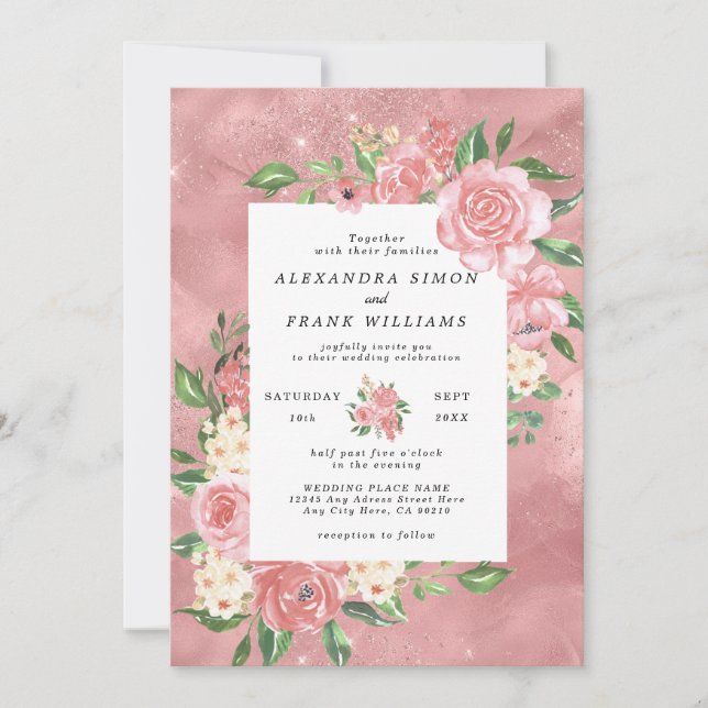 Convites Casamento Floral Botânico Rosa em Aquarela Dourado (Frente)