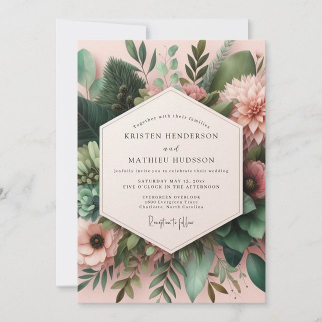 Convites Casamento Floral Botânico Rosa Empoeirado (Frente)